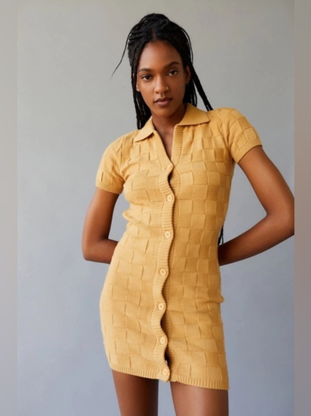 Urban Outfitters Camel Short-Sleeve Button-Up Knit Dress